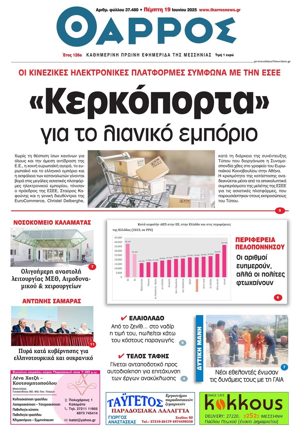 Πρωτοσέλιδο εφημερίδας Θάρρος Μεσσηνίας