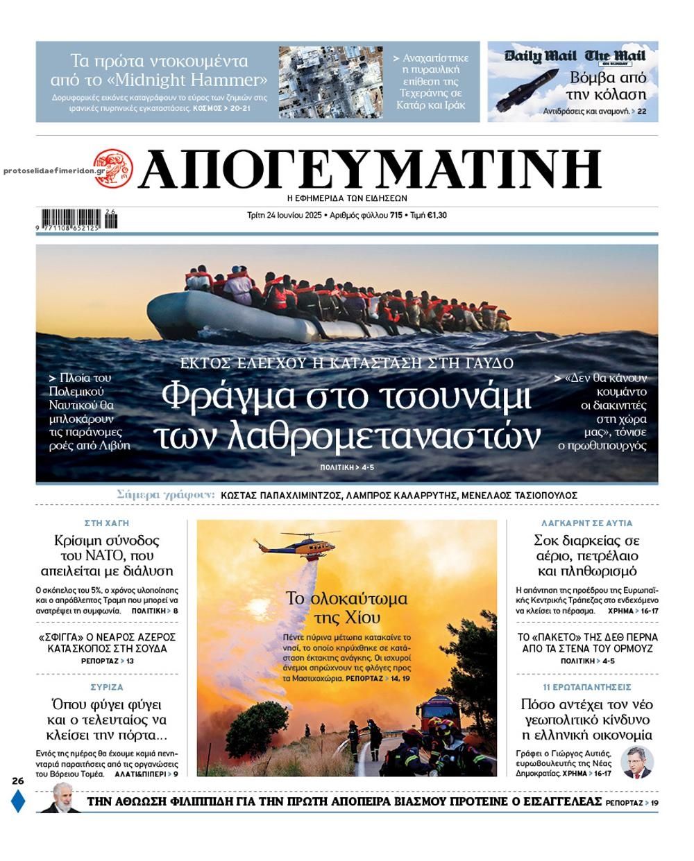 Πρωτοσέλιδο εφημερίδας Απογευματινή