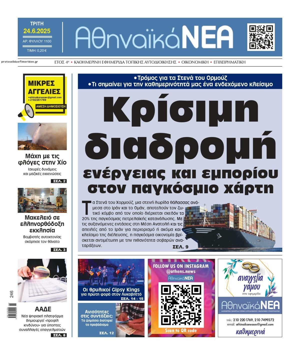Πρωτοσέλιδο εφημερίδας Αθηναϊκά Νέα