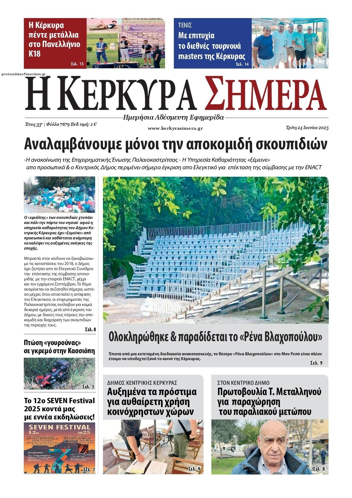 Πρωτοσέλιδο εφημερίδας Η Κέρκυρα Σήμερα
