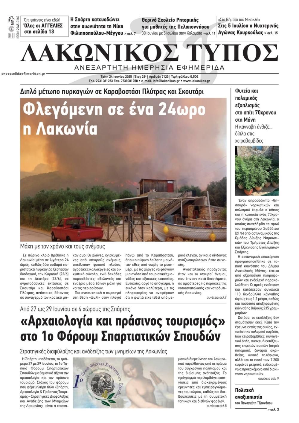 Πρωτοσέλιδο εφημερίδας Λακωνικός Τύπος
