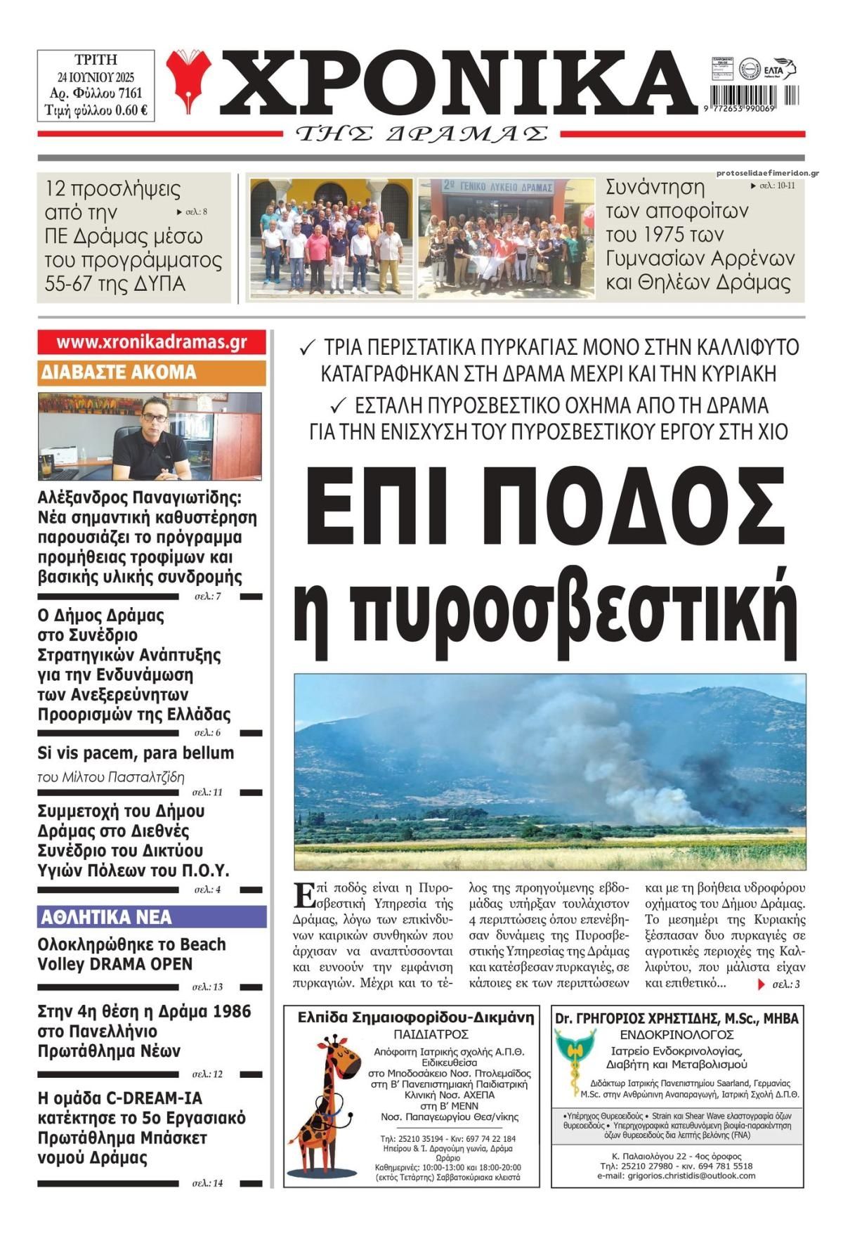 Πρωτοσέλιδο εφημερίδας Χρονικά Δράμας