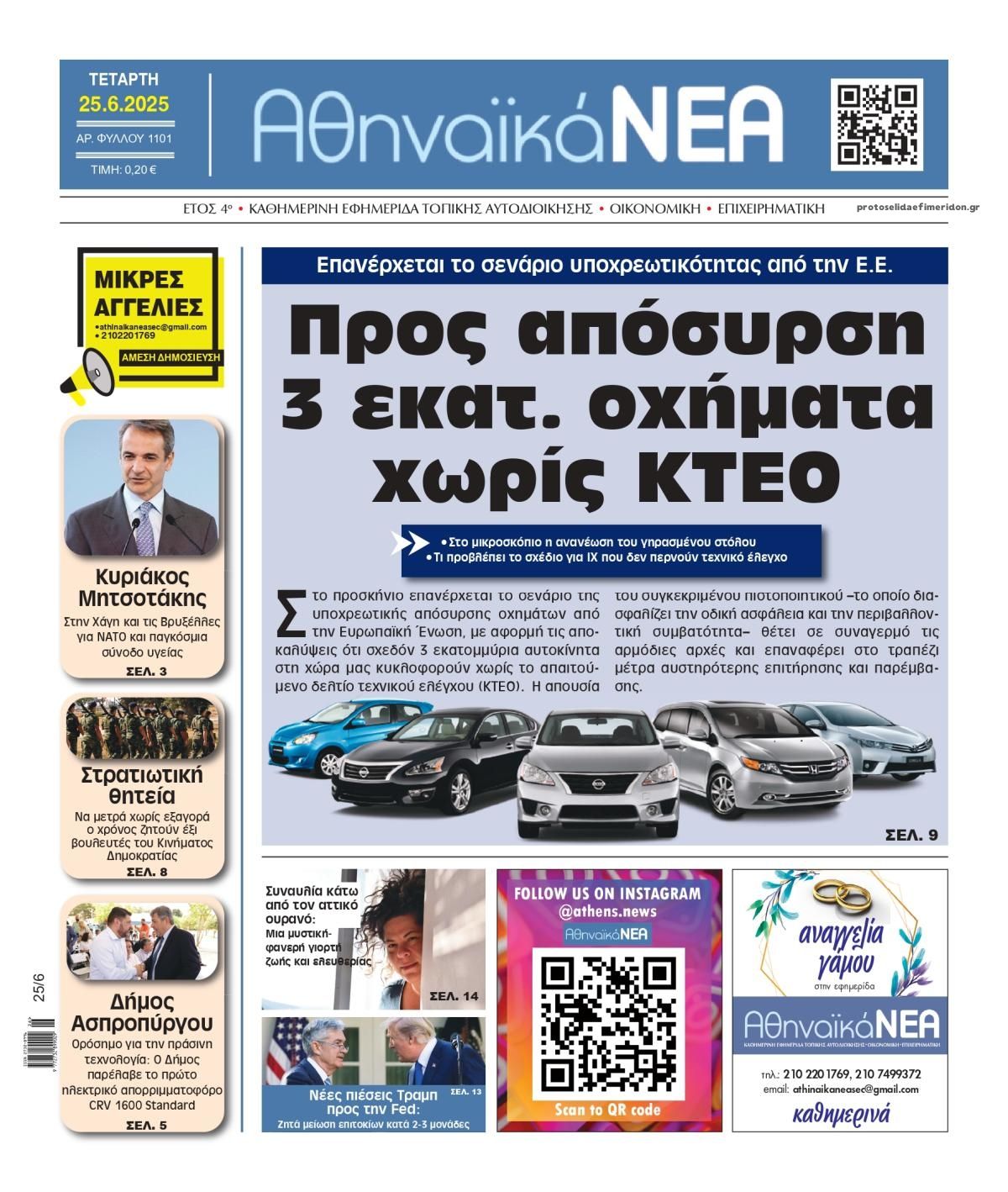 Πρωτοσέλιδο εφημερίδας Αθηναϊκά Νέα