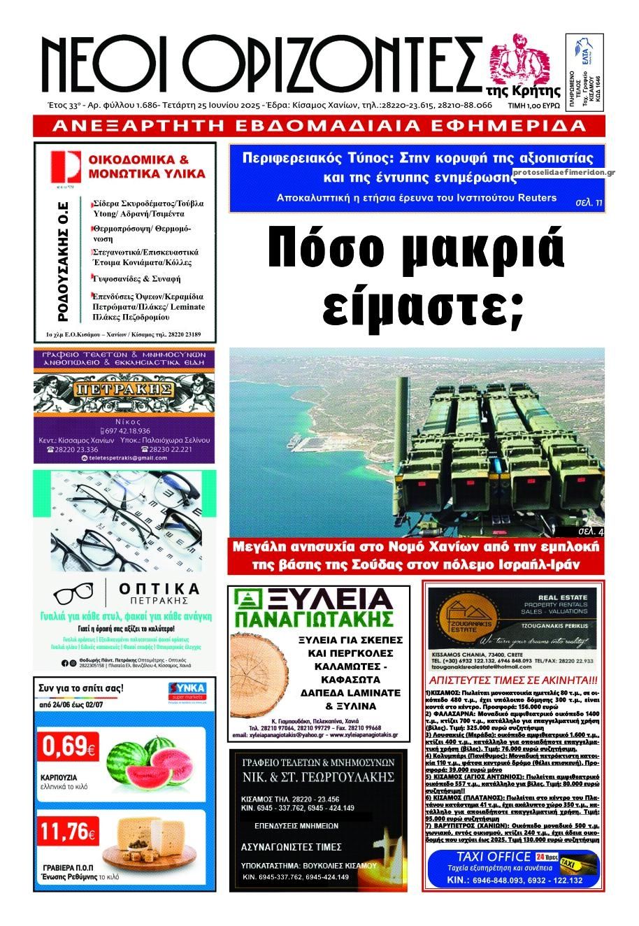 Πρωτοσέλιδο εφημερίδας Νέοι Ορίζοντες