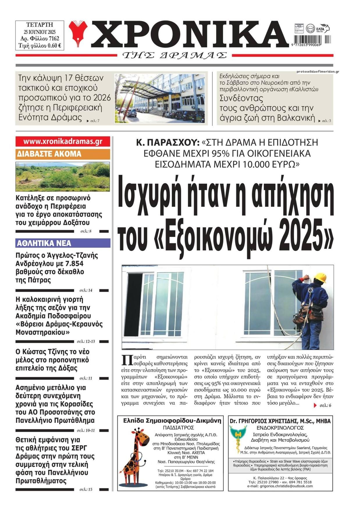 Πρωτοσέλιδο εφημερίδας Χρονικά Δράμας