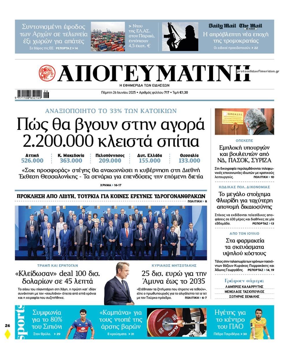 Πρωτοσέλιδο εφημερίδας Απογευματινή