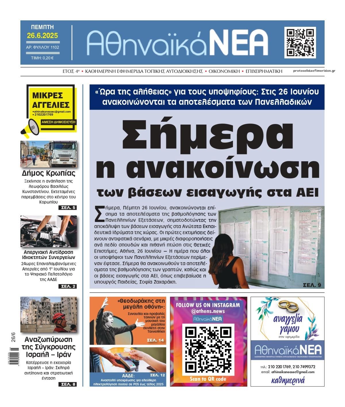 Πρωτοσέλιδο εφημερίδας Αθηναϊκά Νέα