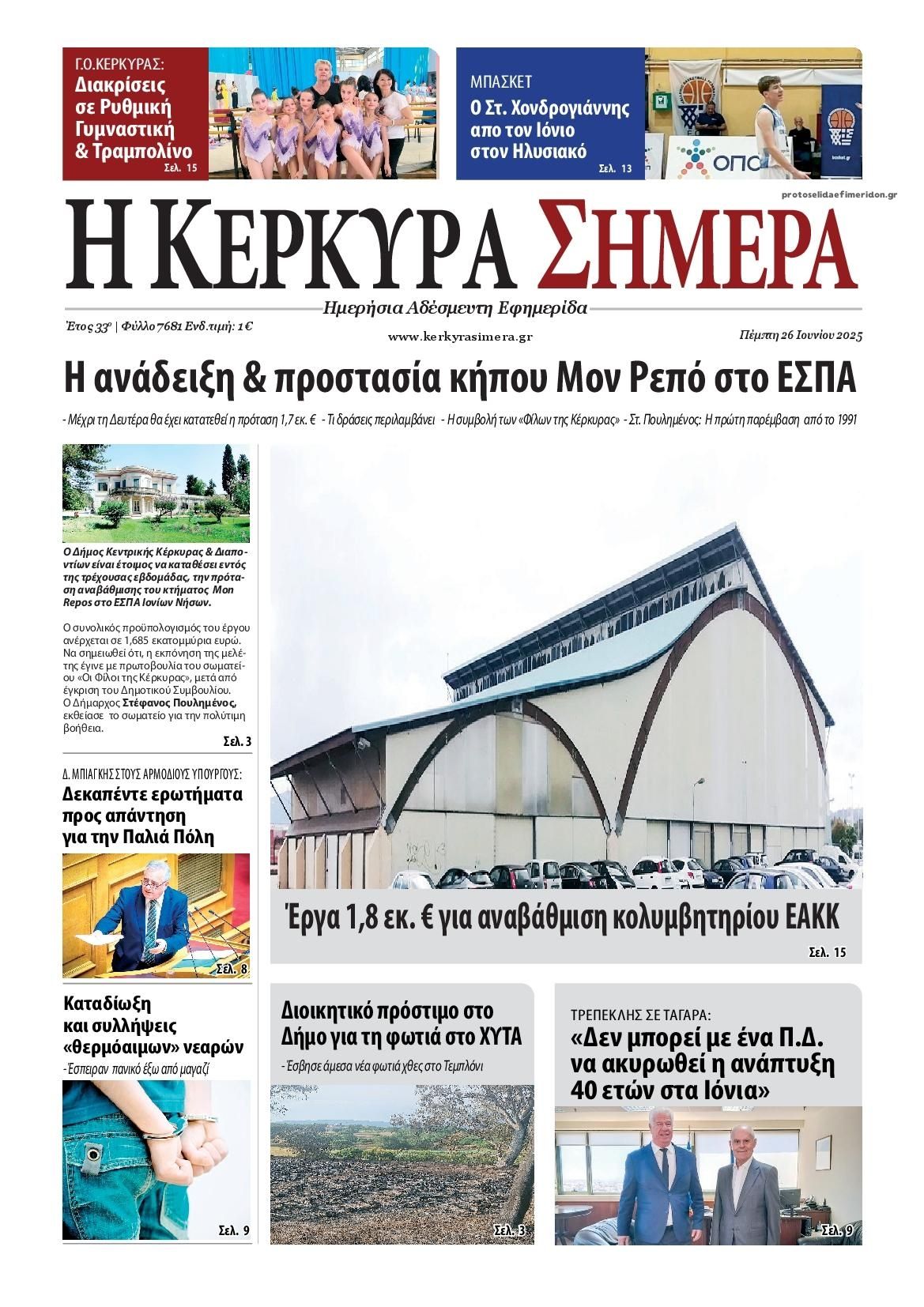 Πρωτοσέλιδο εφημερίδας Η Κέρκυρα Σήμερα