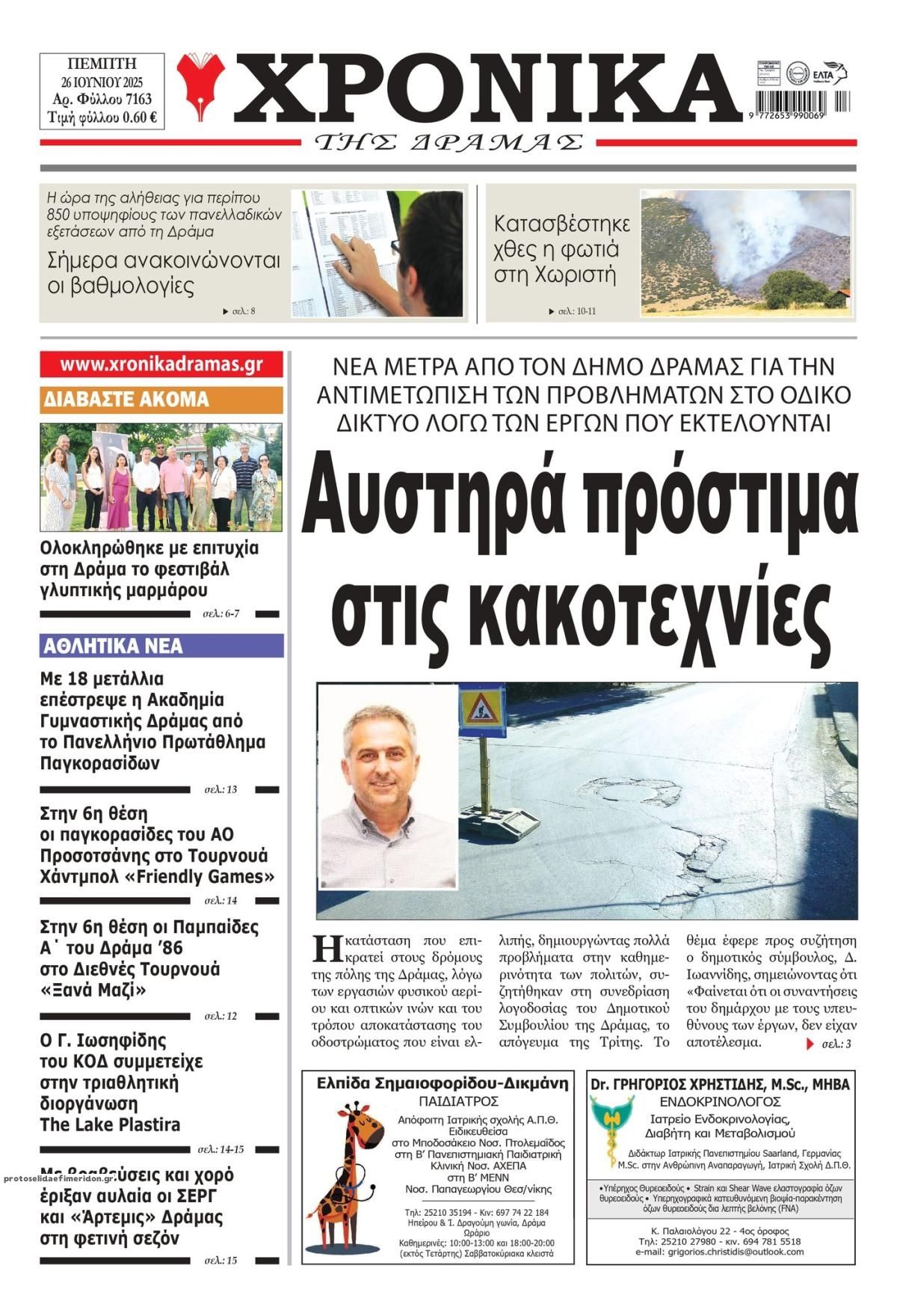 Πρωτοσέλιδο εφημερίδας Χρονικά Δράμας