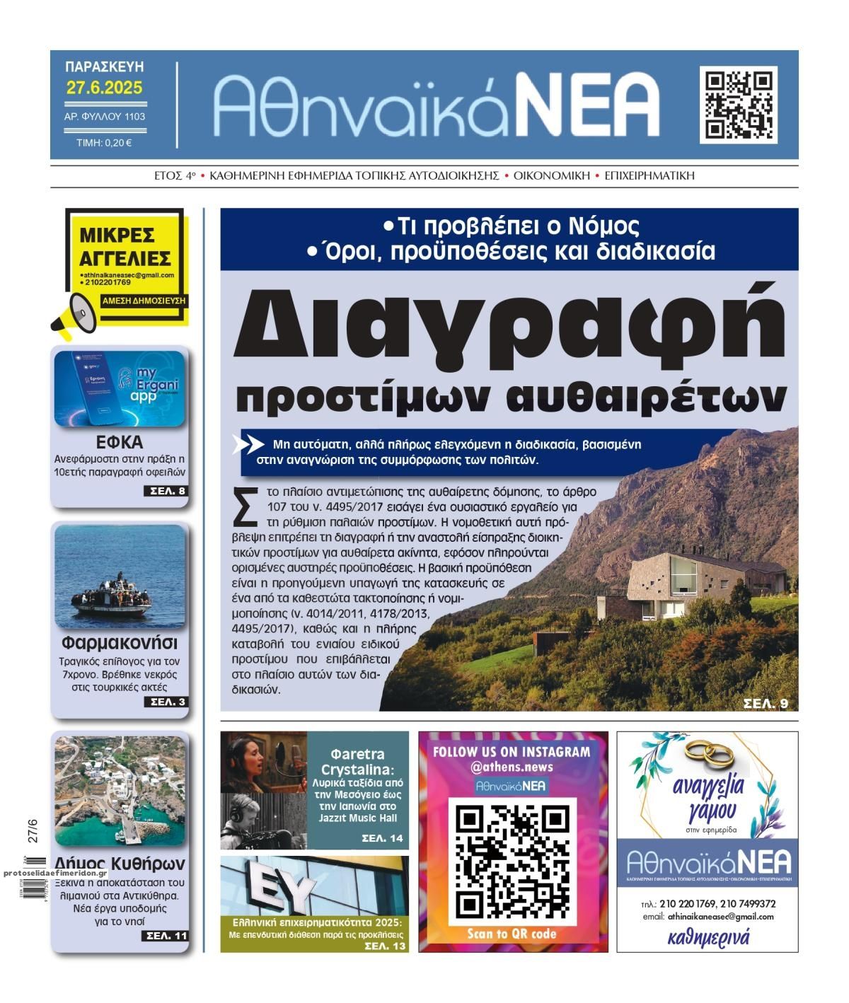 Πρωτοσέλιδο εφημερίδας Αθηναϊκά Νέα