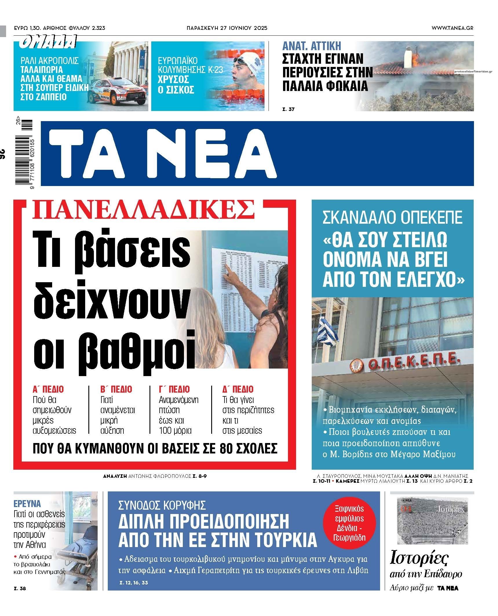 Πρωτοσέλιδο εφημερίδας Τα Νέα