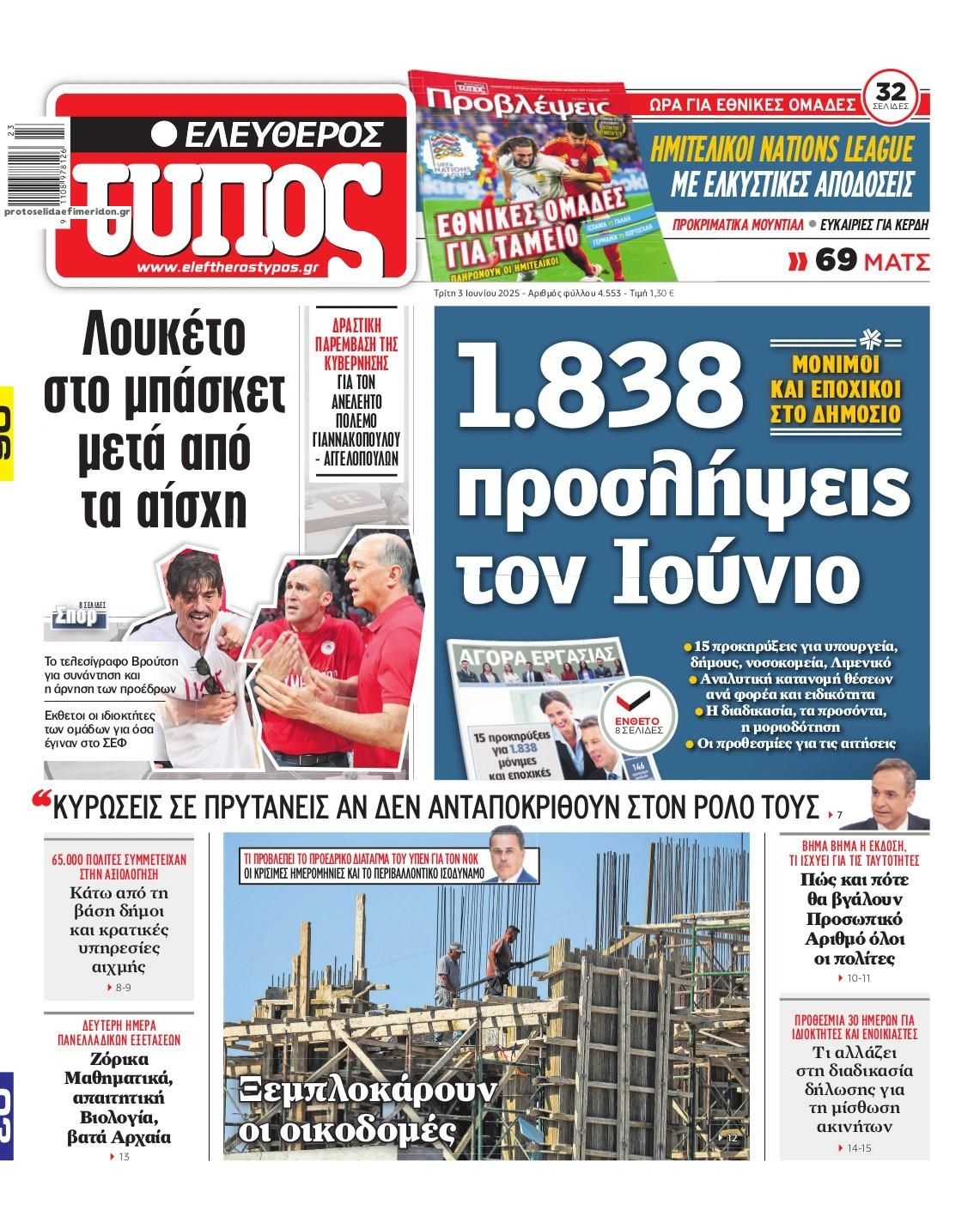 Πρωτοσέλιδο εφημερίδας Ελεύθερος Τύπος