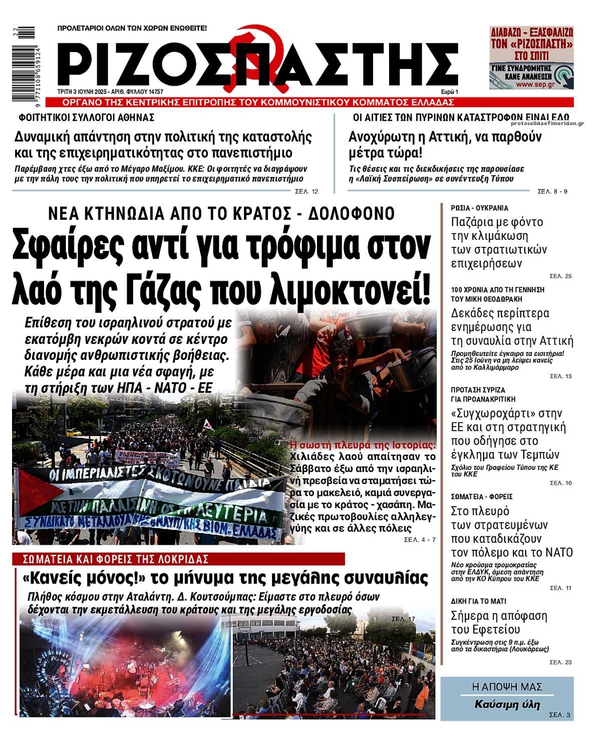 Πρωτοσέλιδο εφημερίδας Ριζοσπάστης