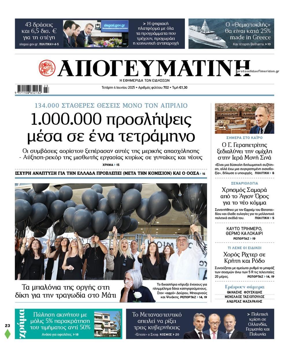 Πρωτοσέλιδο εφημερίδας Απογευματινή