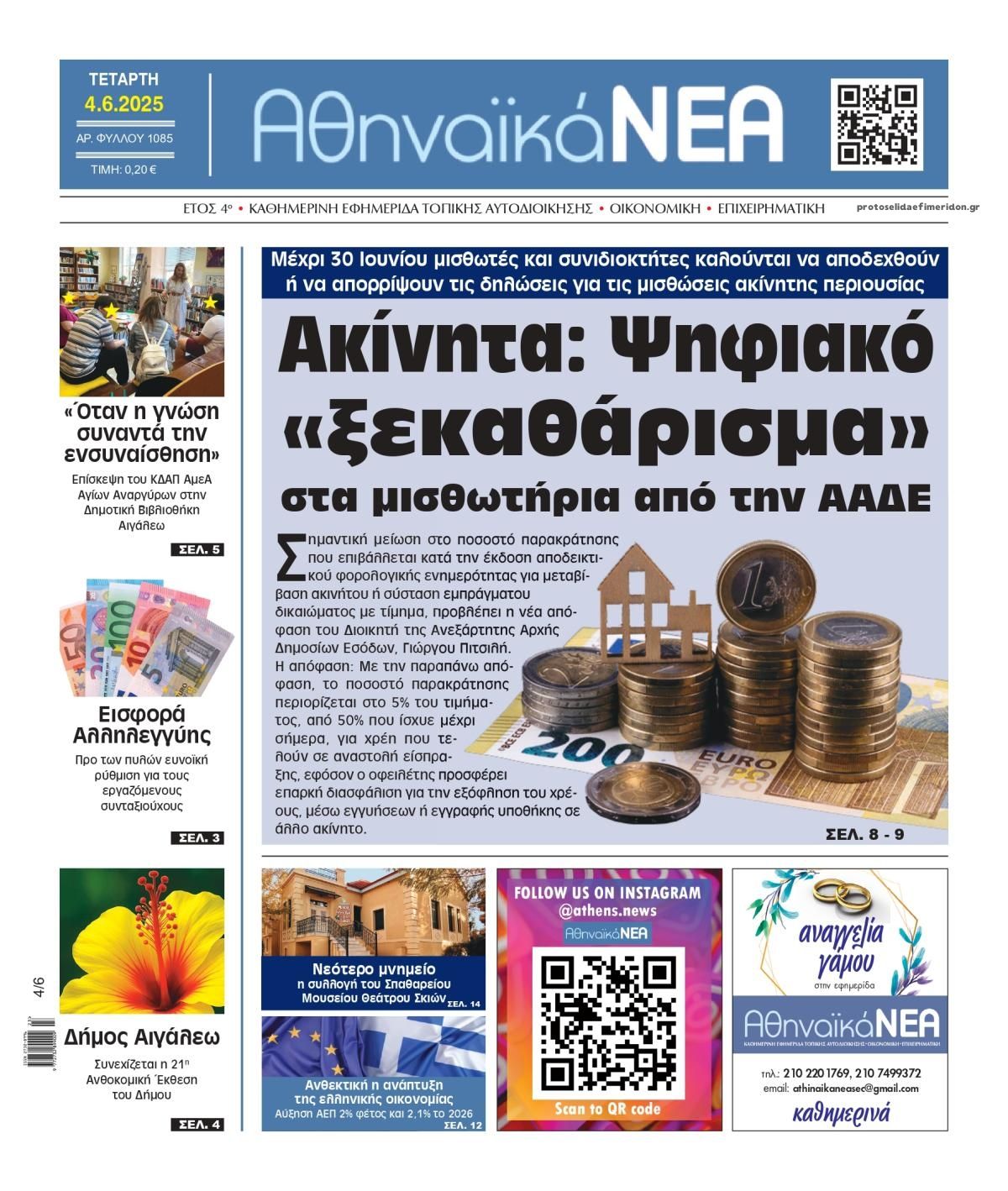 Πρωτοσέλιδο εφημερίδας Αθηναϊκά Νέα