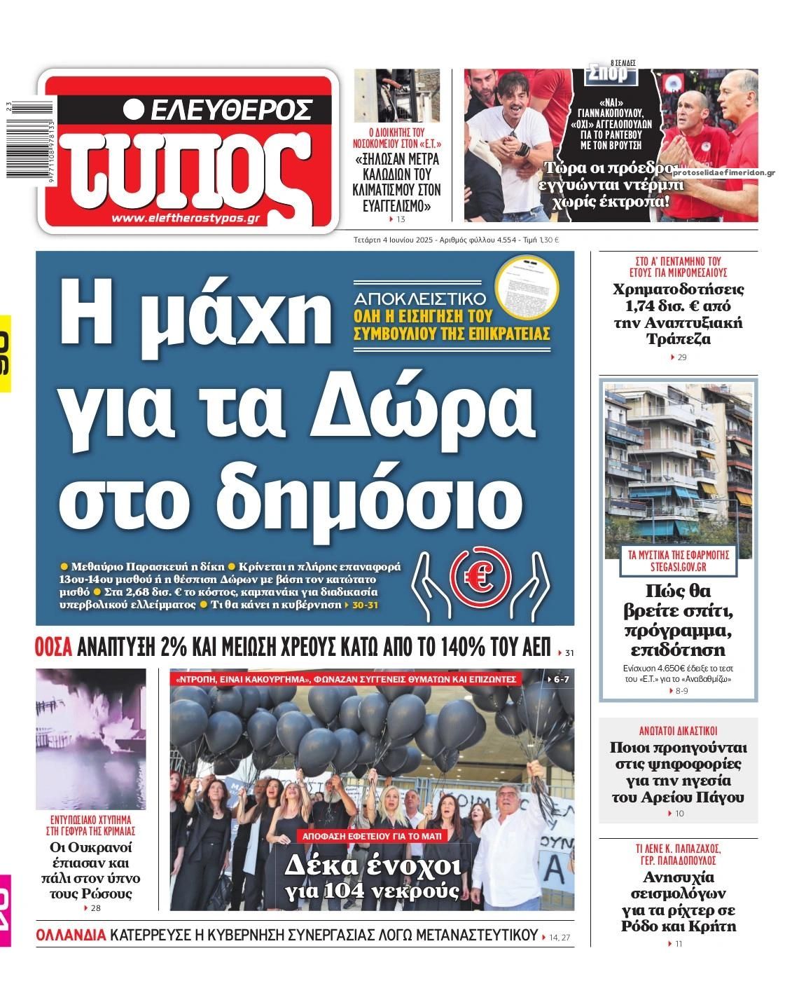 Πρωτοσέλιδο εφημερίδας Ελεύθερος Τύπος