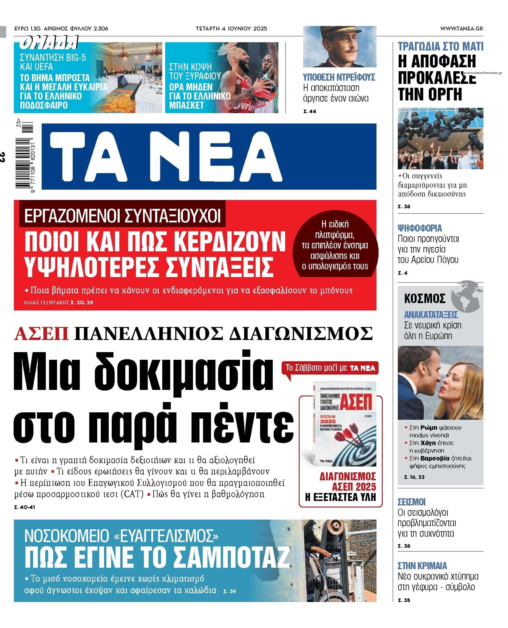Πρωτοσέλιδο εφημερίδας Τα Νέα
