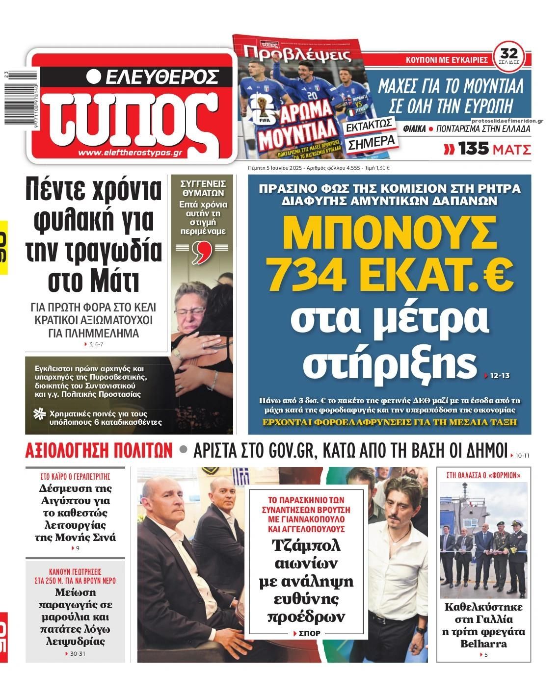 Πρωτοσέλιδο εφημερίδας Ελεύθερος Τύπος