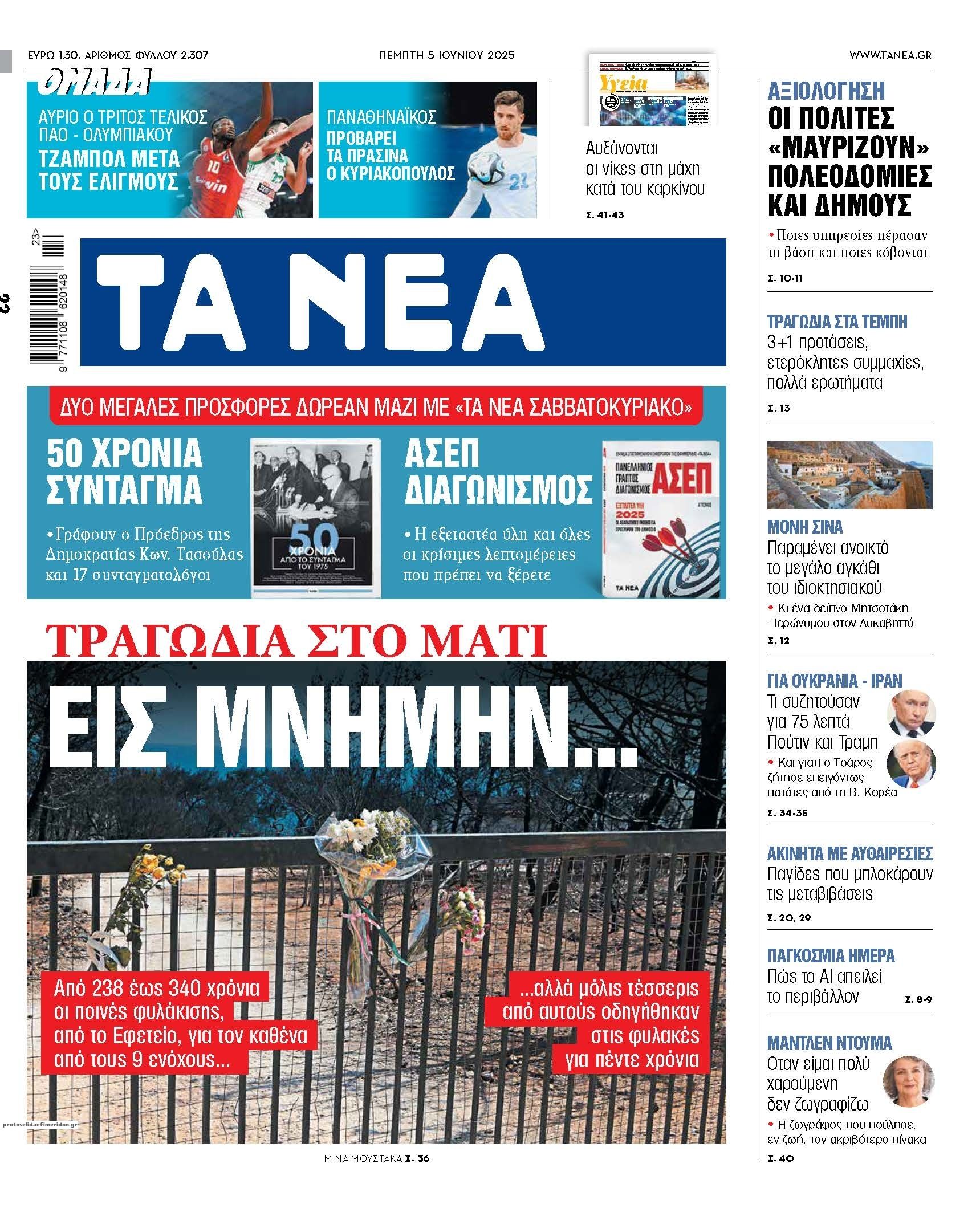 Πρωτοσέλιδο εφημερίδας Τα Νέα
