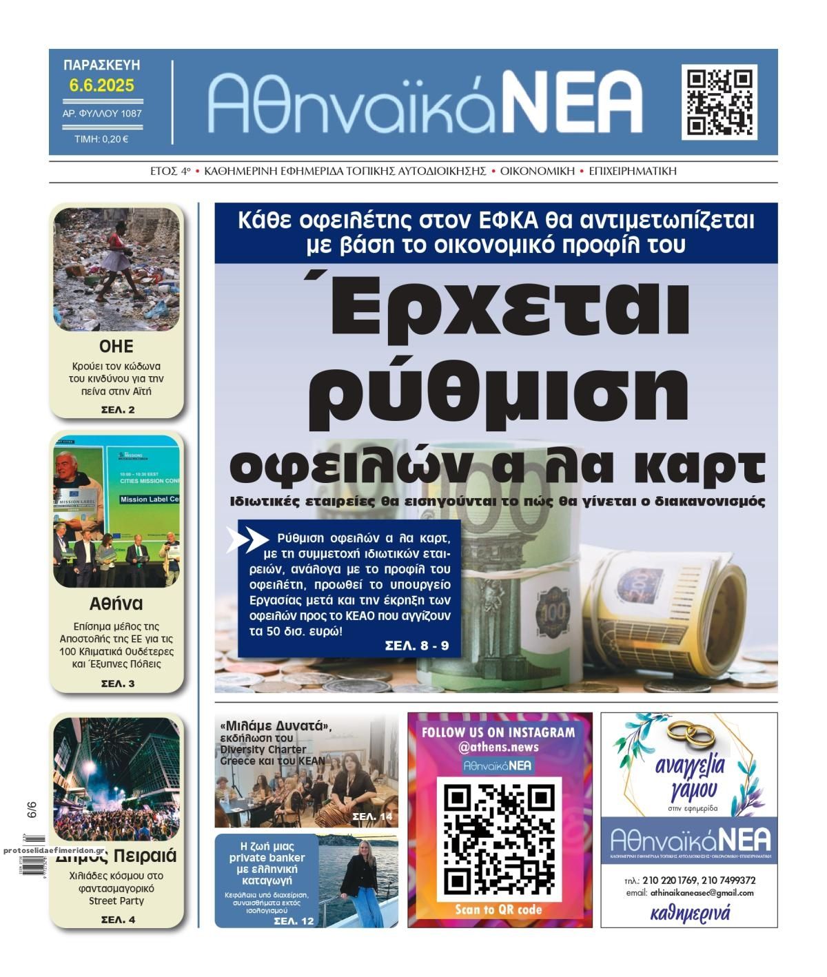 Πρωτοσέλιδο εφημερίδας Αθηναϊκά Νέα