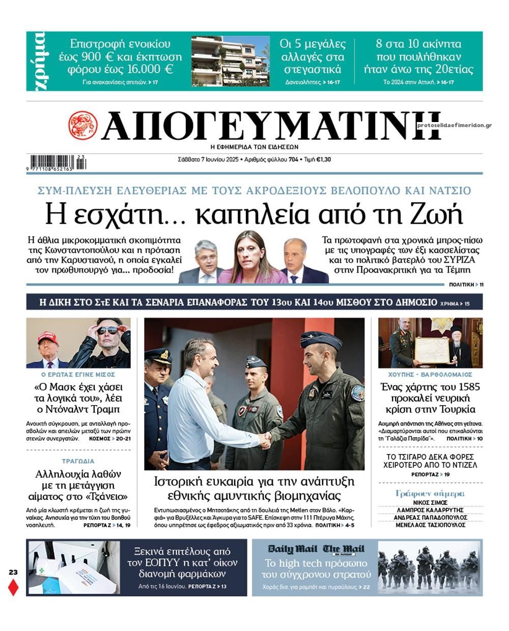 Πρωτοσέλιδο εφημερίδας Απογευματινή