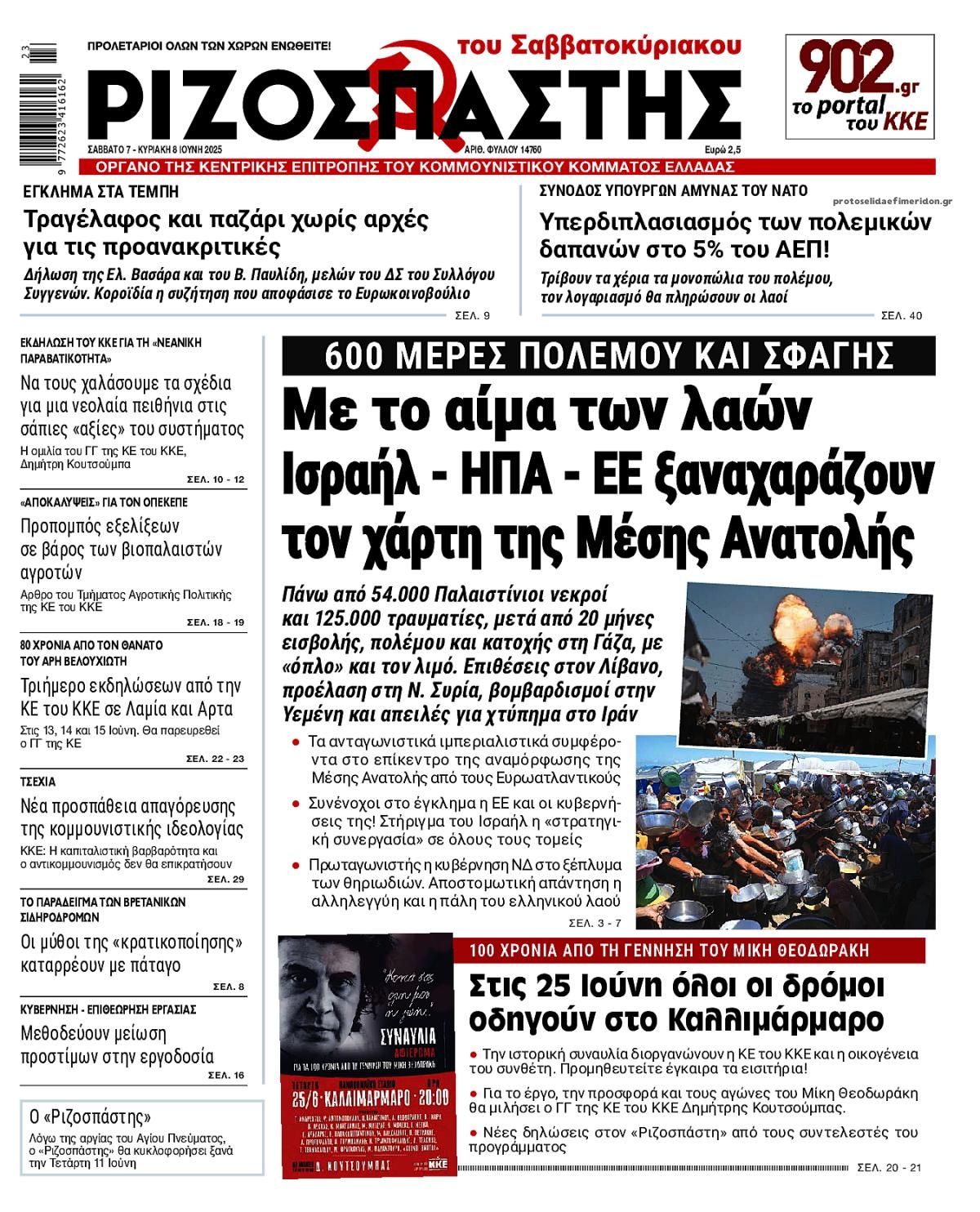 Πρωτοσέλιδο εφημερίδας Ριζοσπάστης