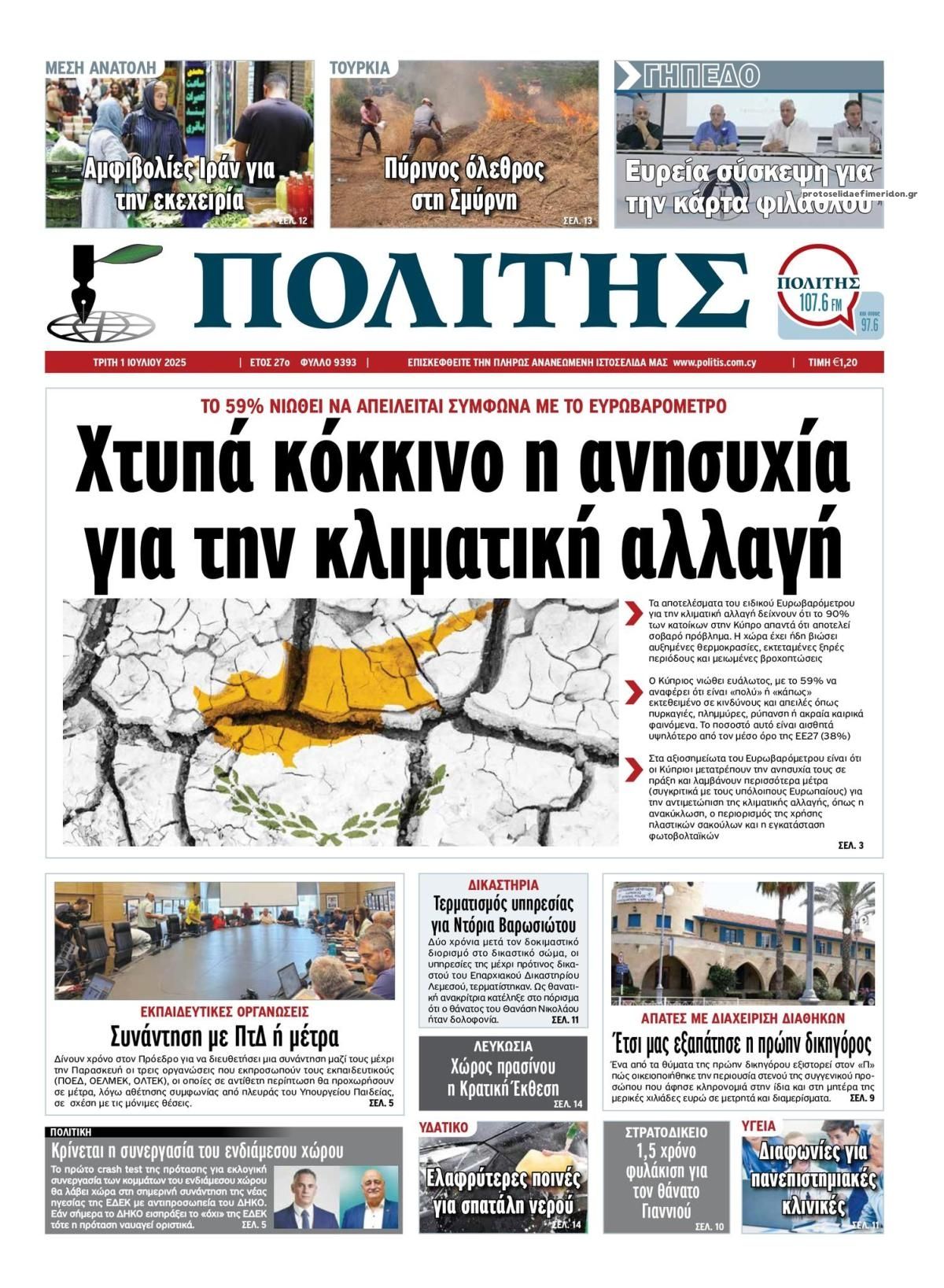 Πρωτοσέλιδο εφημερίδας Πολίτης Κύπρου