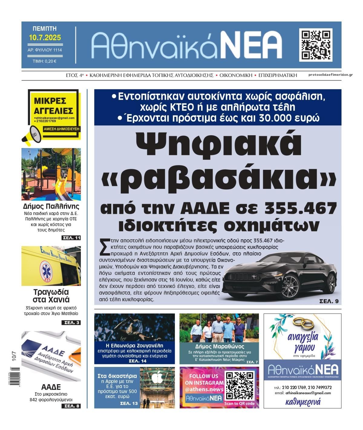 Πρωτοσέλιδο εφημερίδας Αθηναϊκά Νέα