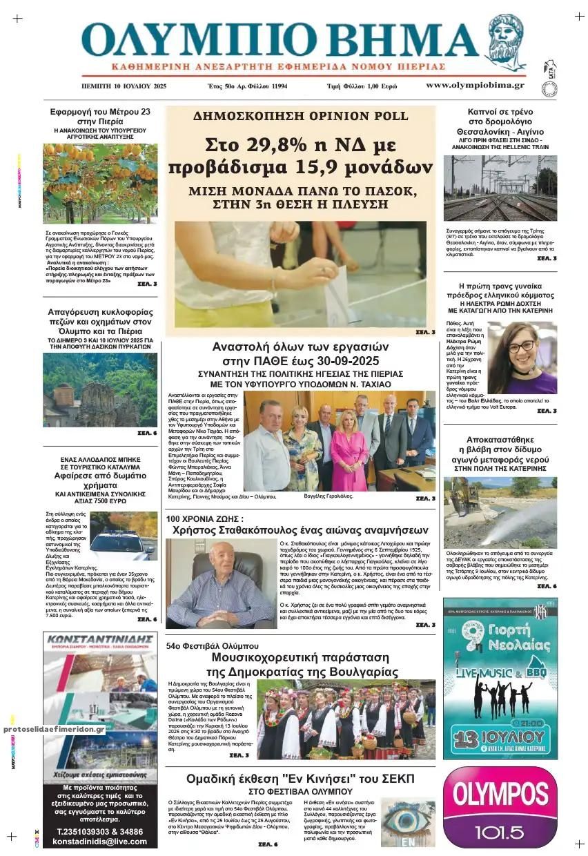 Πρωτοσέλιδο εφημερίδας Ολύμπιο Βήμα