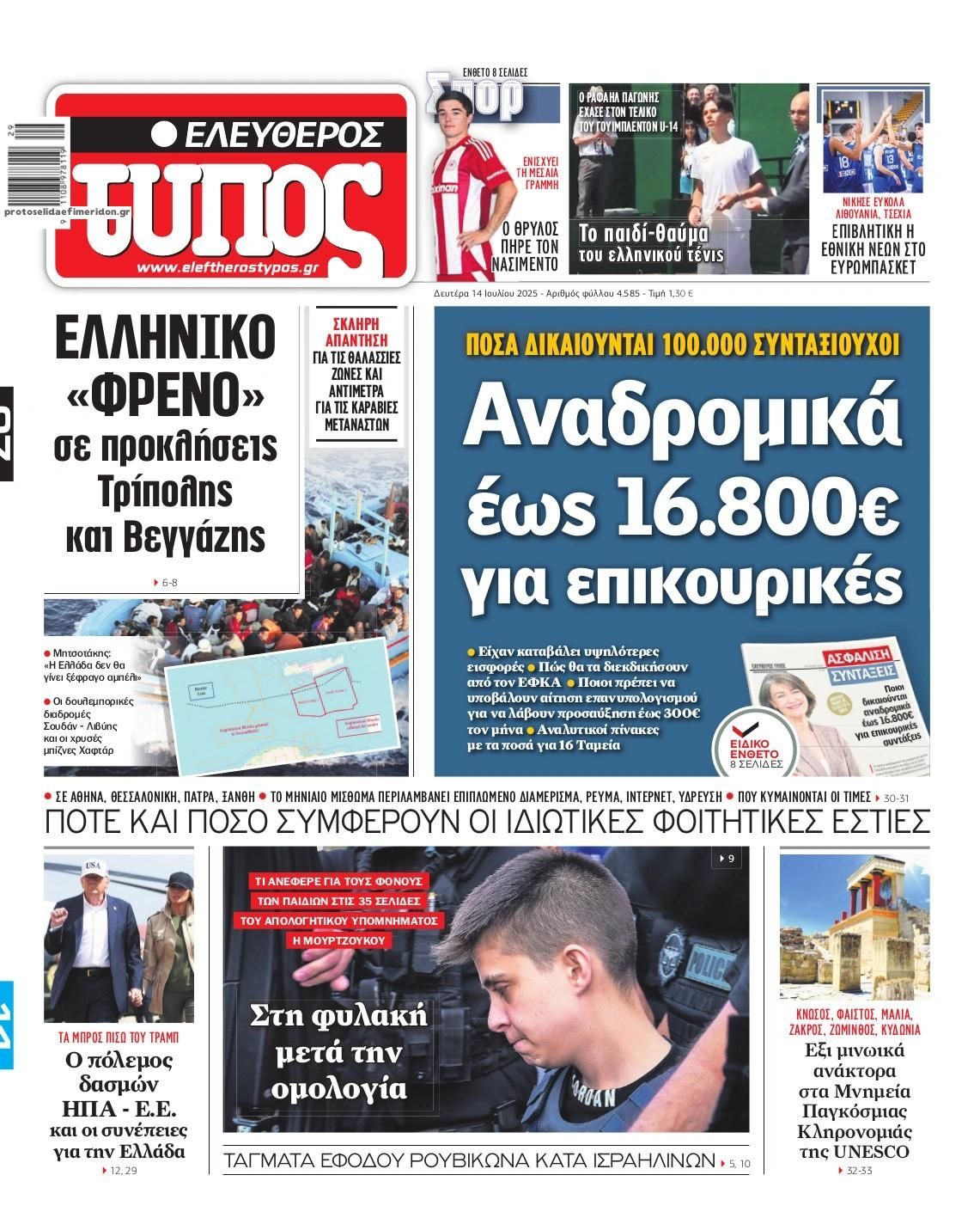 Πρωτοσέλιδο εφημερίδας Ελεύθερος Τύπος