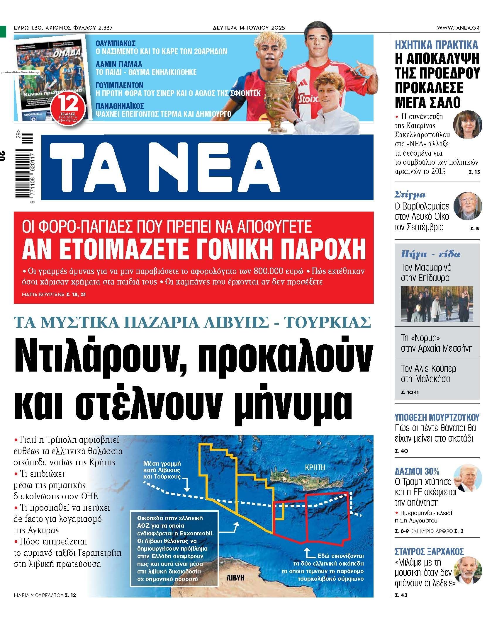 Πρωτοσέλιδο εφημερίδας Τα Νέα