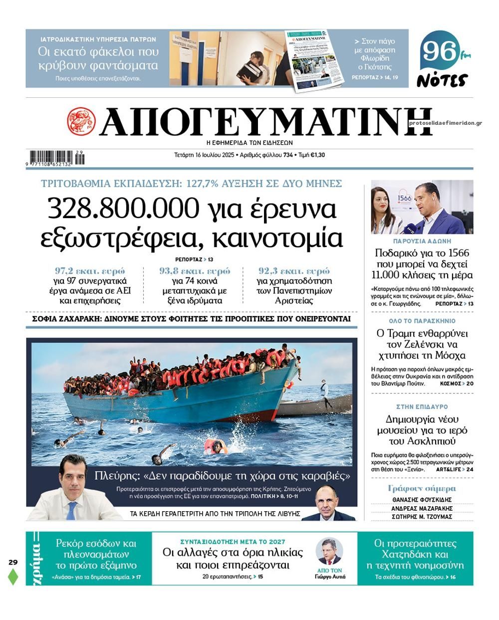Πρωτοσέλιδο εφημερίδας Απογευματινή