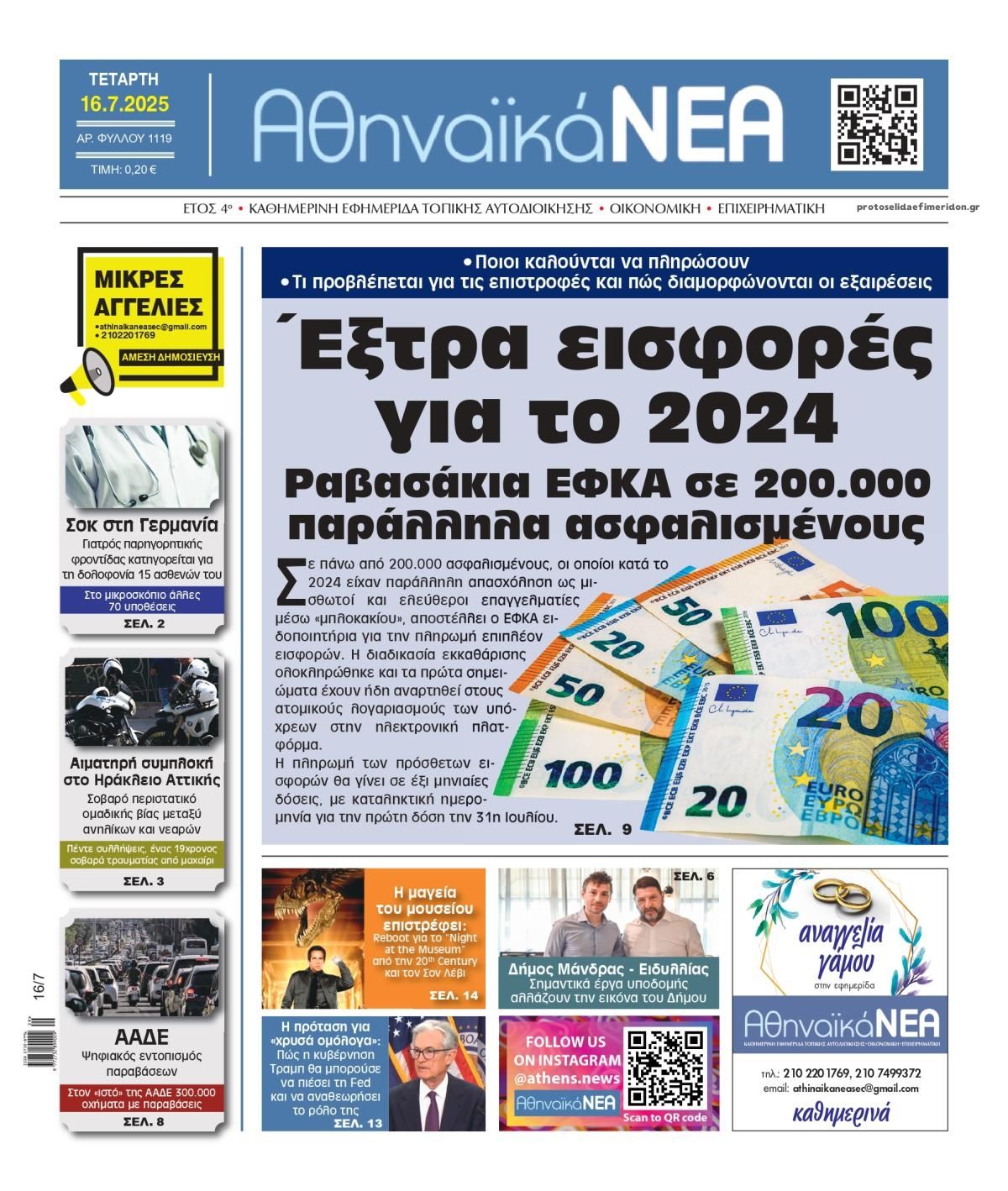 Πρωτοσέλιδο εφημερίδας Αθηναϊκά Νέα