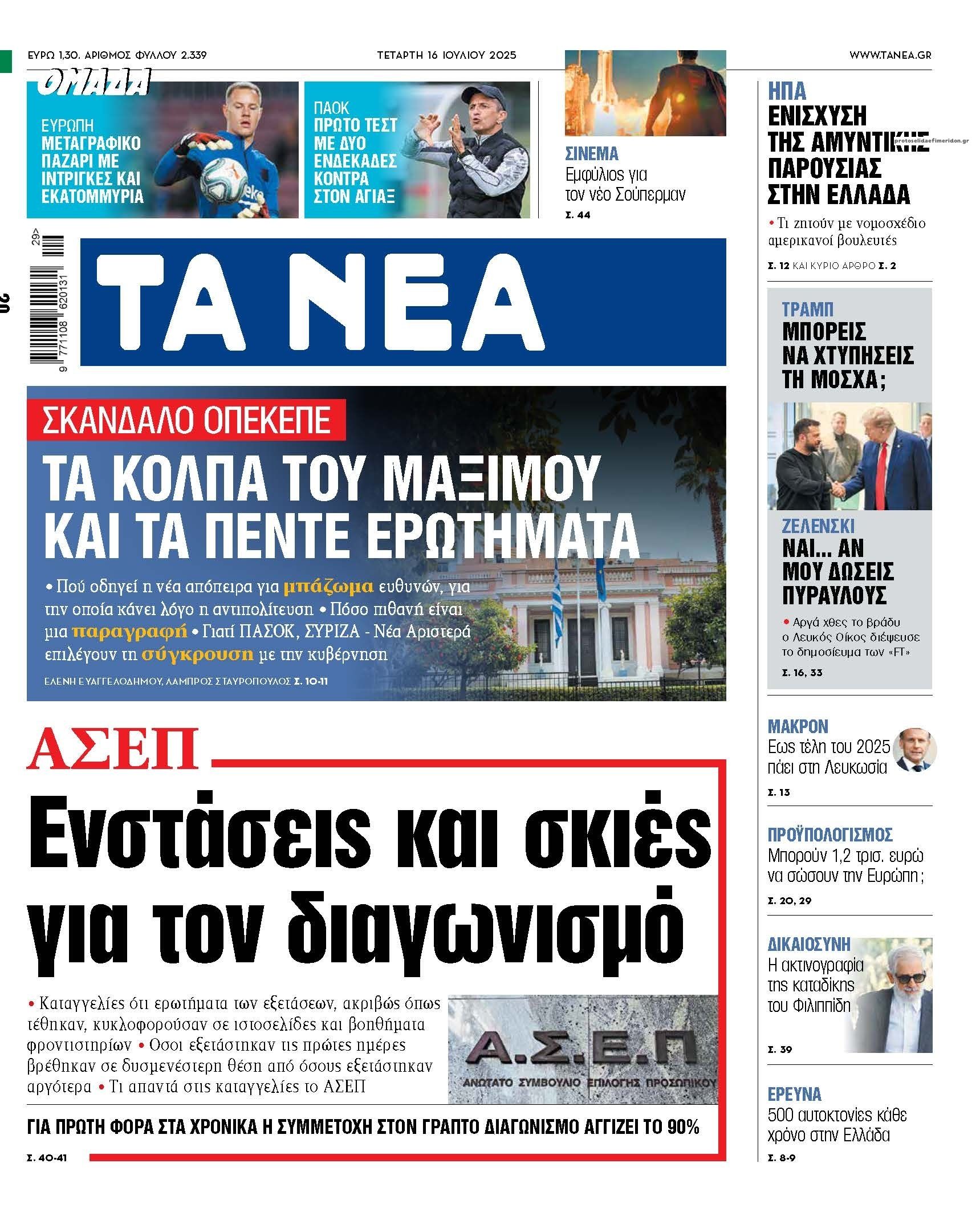 Πρωτοσέλιδο εφημερίδας Τα Νέα