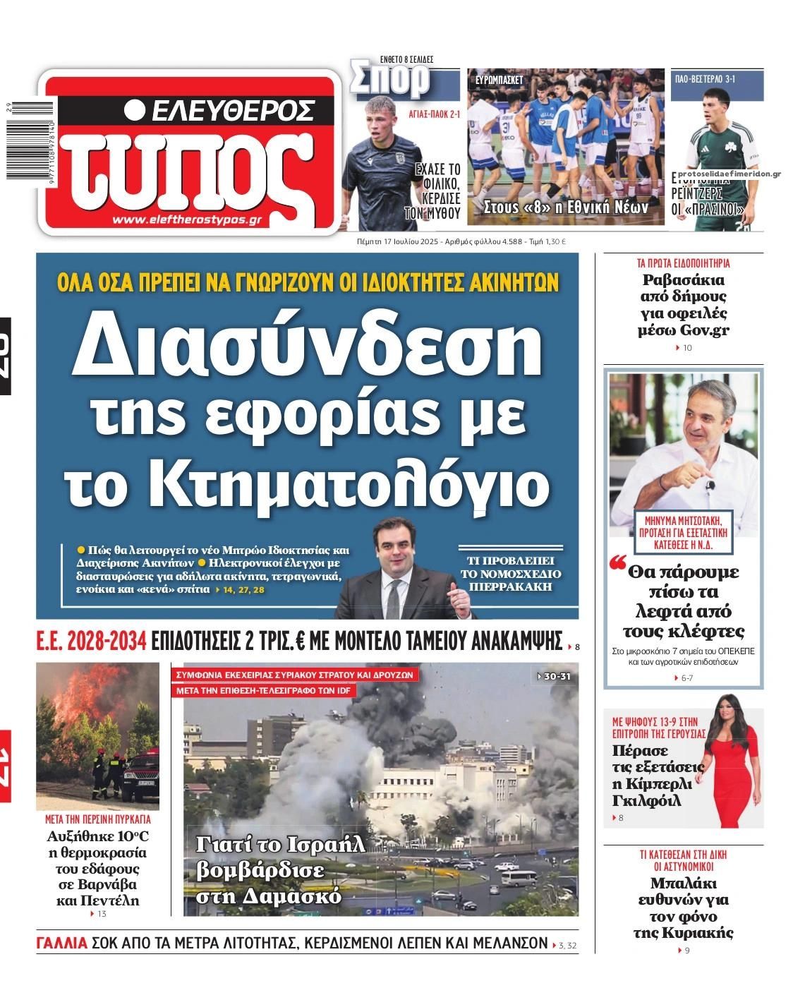Πρωτοσέλιδο εφημερίδας Ελεύθερος Τύπος