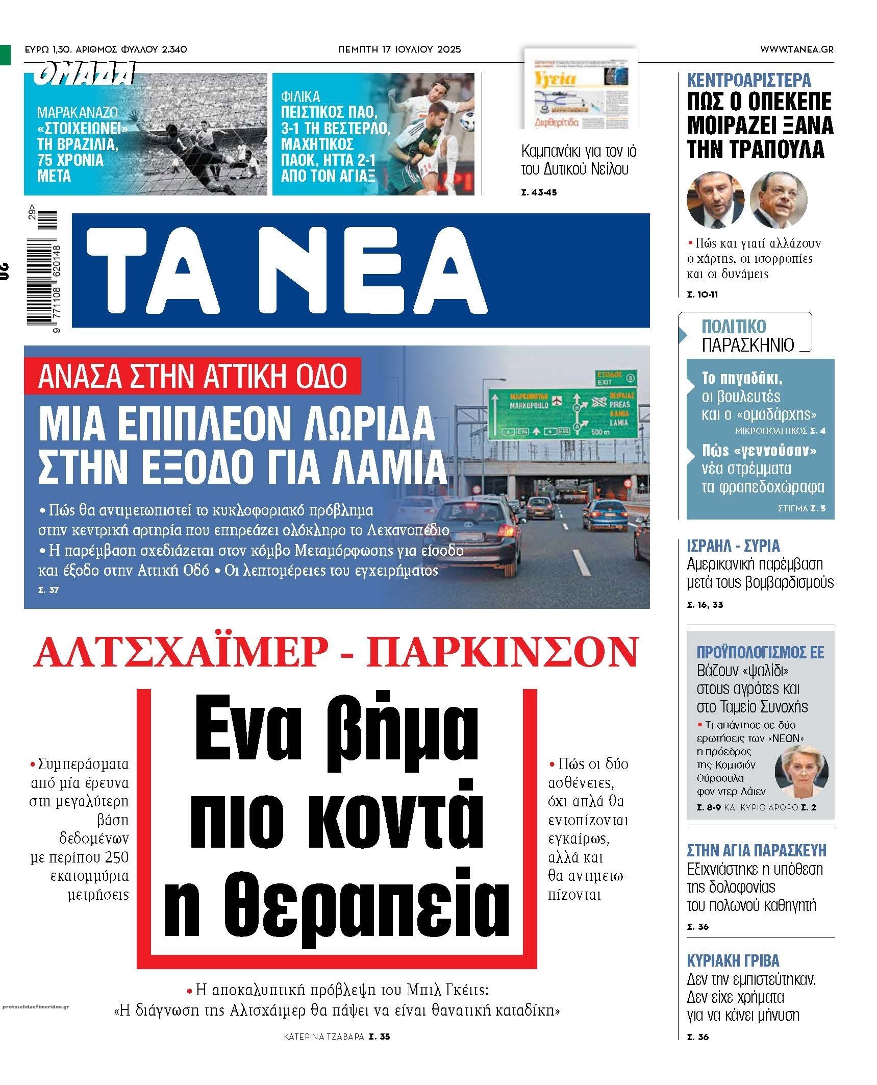 Πρωτοσέλιδο εφημερίδας Τα Νέα