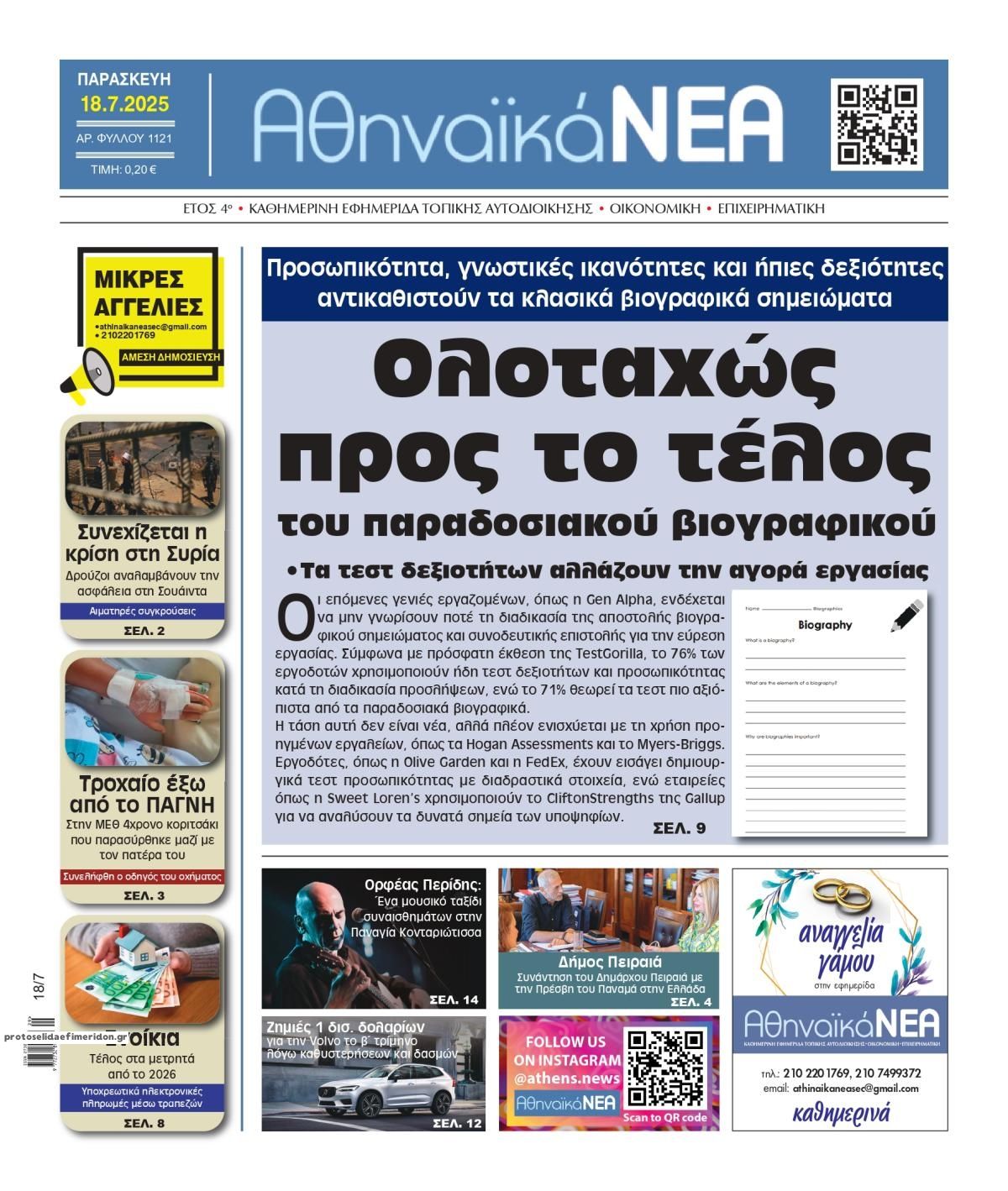 Πρωτοσέλιδο εφημερίδας Αθηναϊκά Νέα