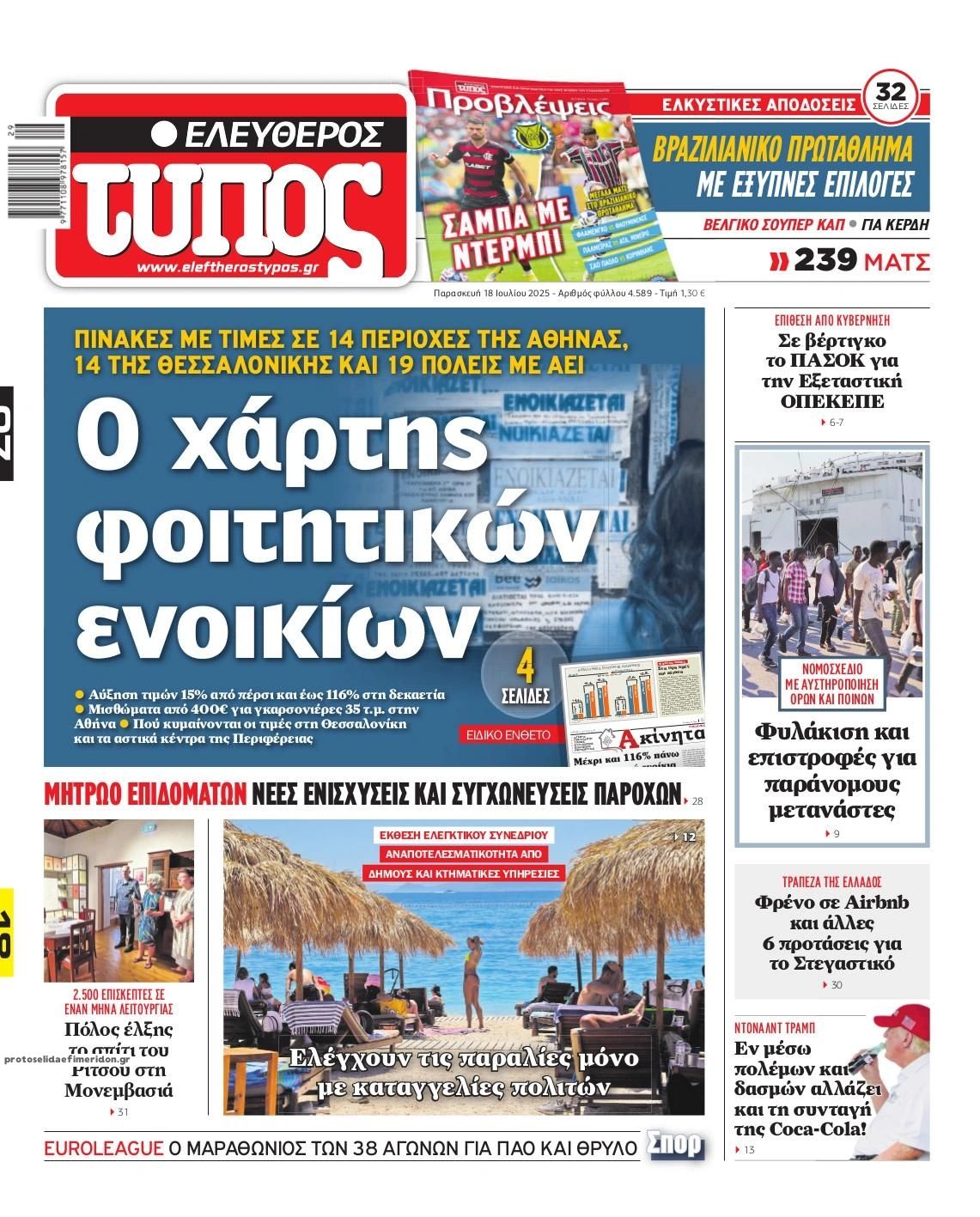 Πρωτοσέλιδο εφημερίδας Ελεύθερος Τύπος