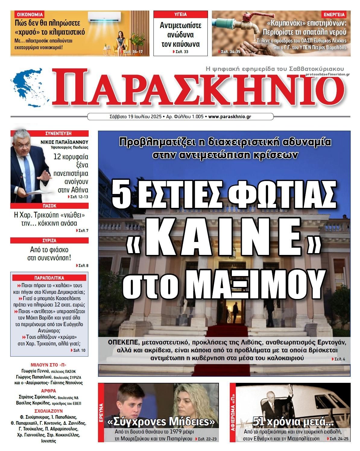 Πρωτοσέλιδο εφημερίδας Το Παρασκήνιο
