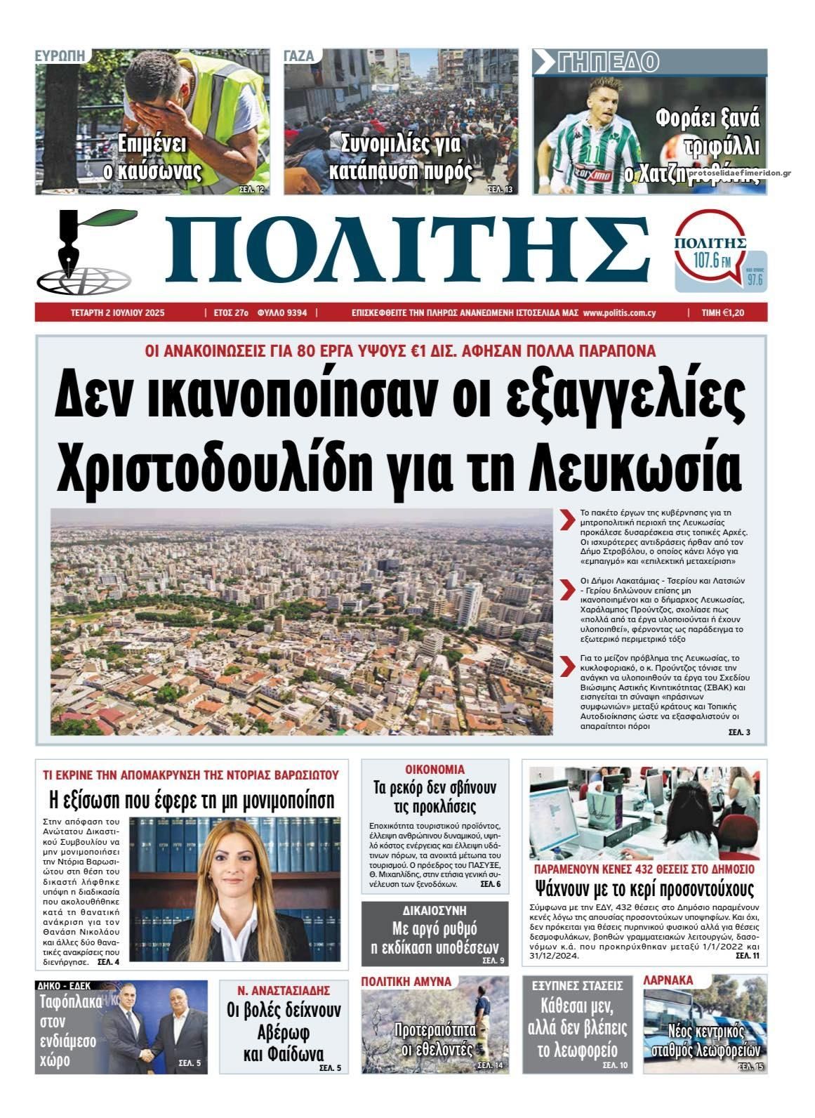 Πρωτοσέλιδο εφημερίδας Πολίτης Κύπρου
