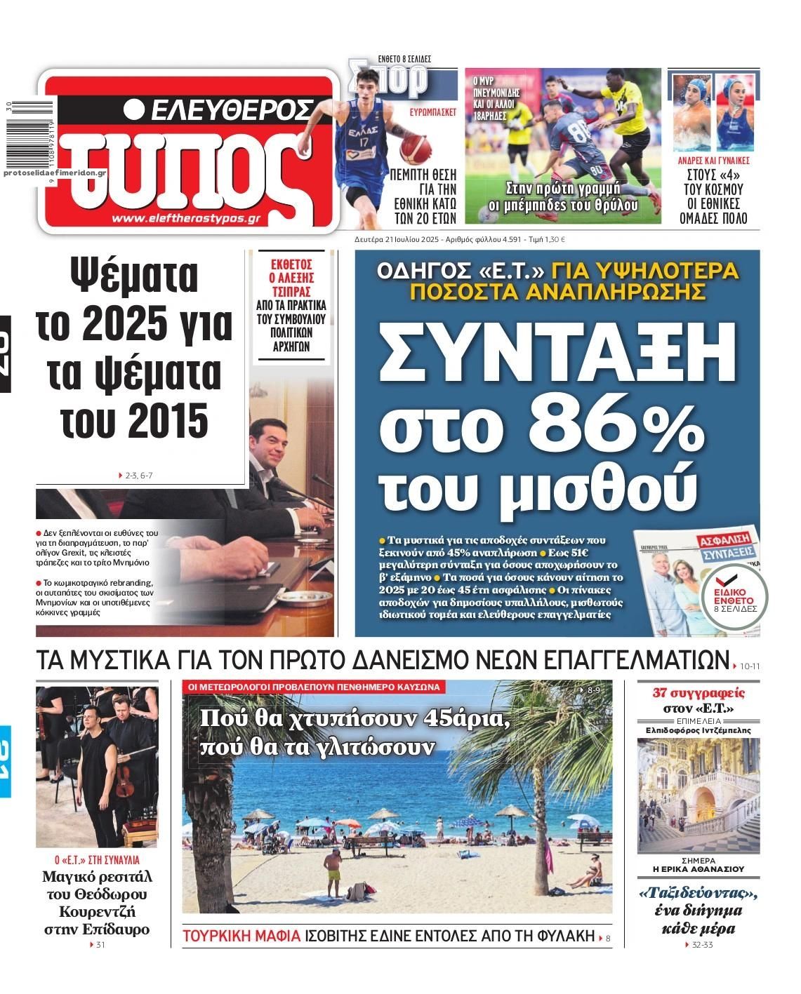 Πρωτοσέλιδο εφημερίδας Ελεύθερος Τύπος