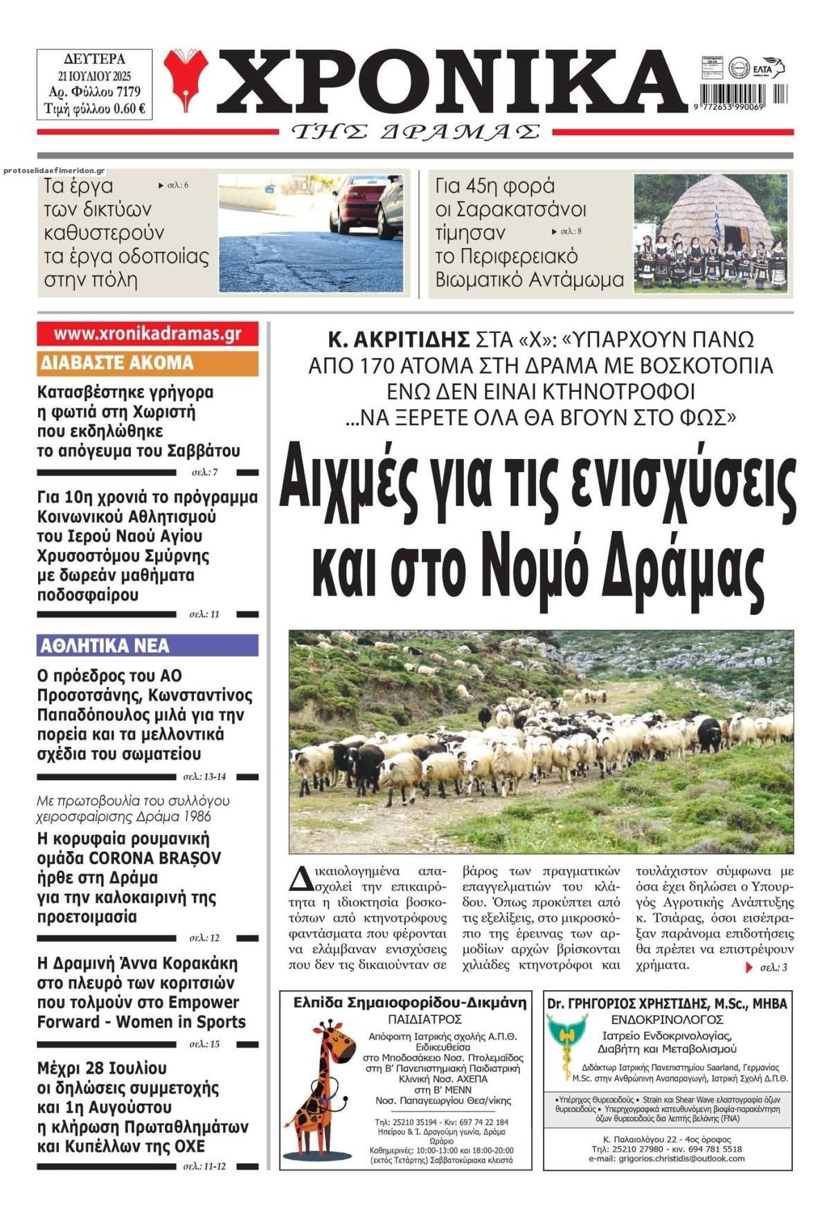 Πρωτοσέλιδο εφημερίδας Χρονικά Δράμας