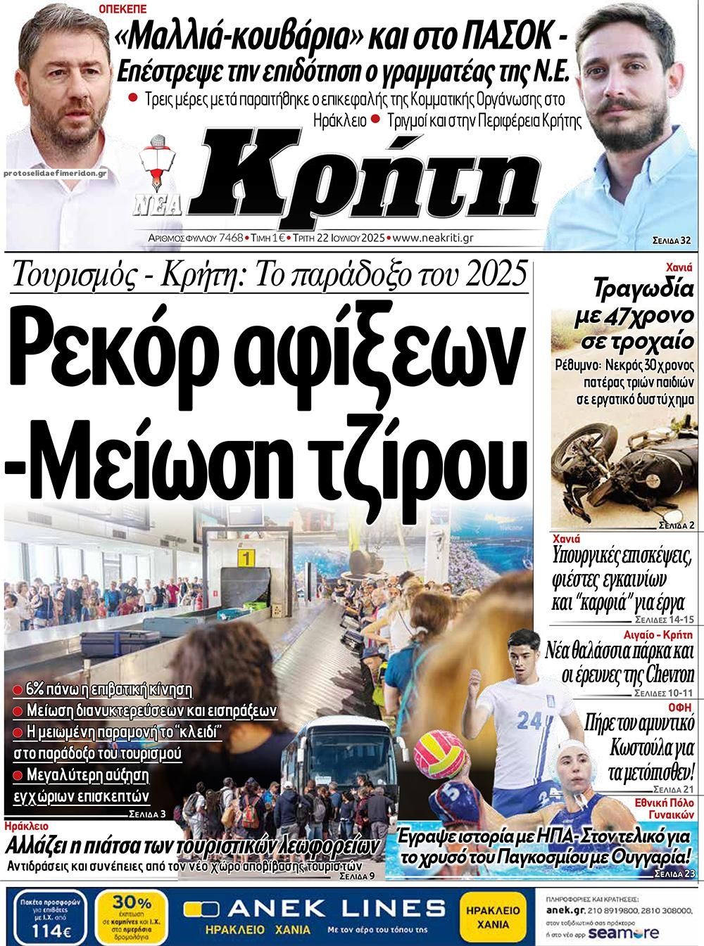 Πρωτοσέλιδο εφημερίδας Νέα Κρήτη
