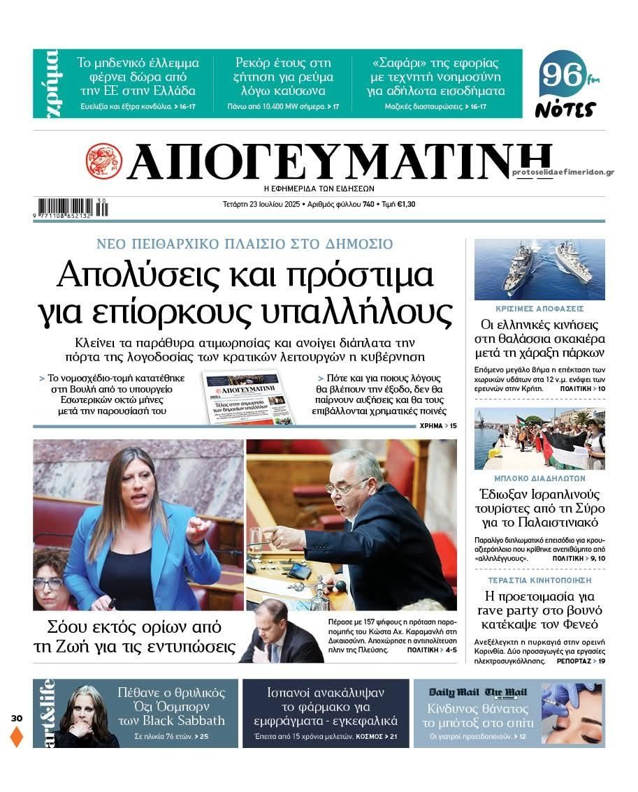 Πρωτοσέλιδο εφημερίδας Απογευματινή
