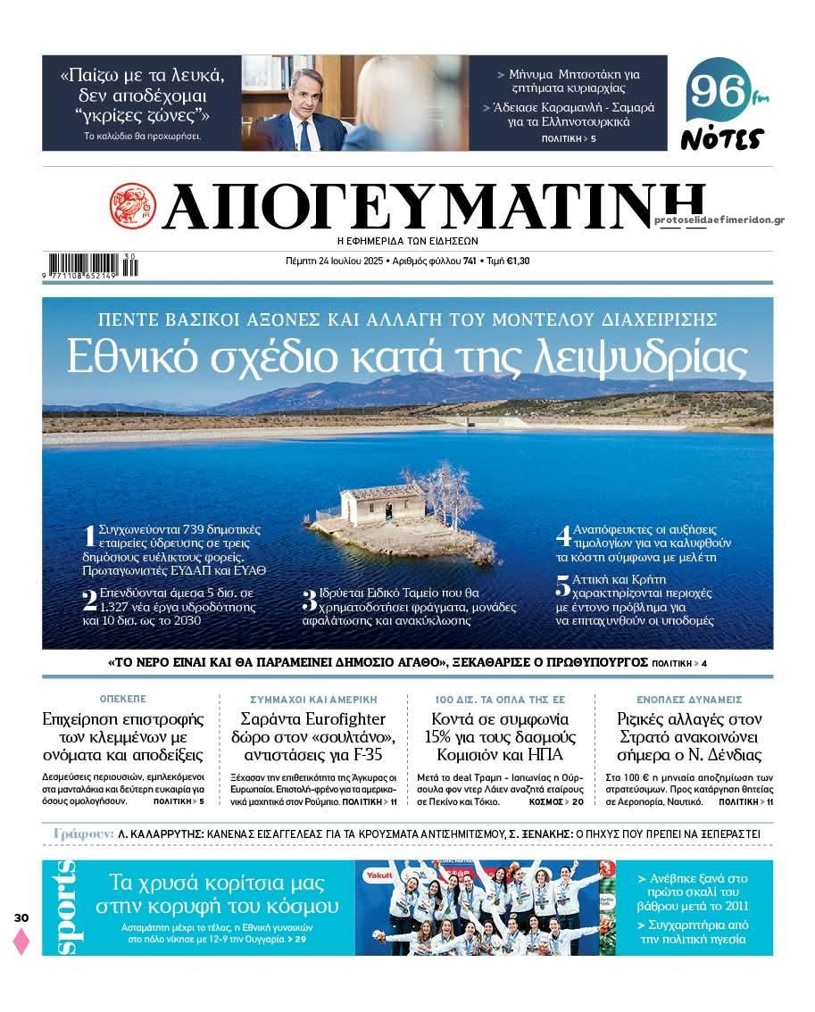 Πρωτοσέλιδο εφημερίδας Απογευματινή