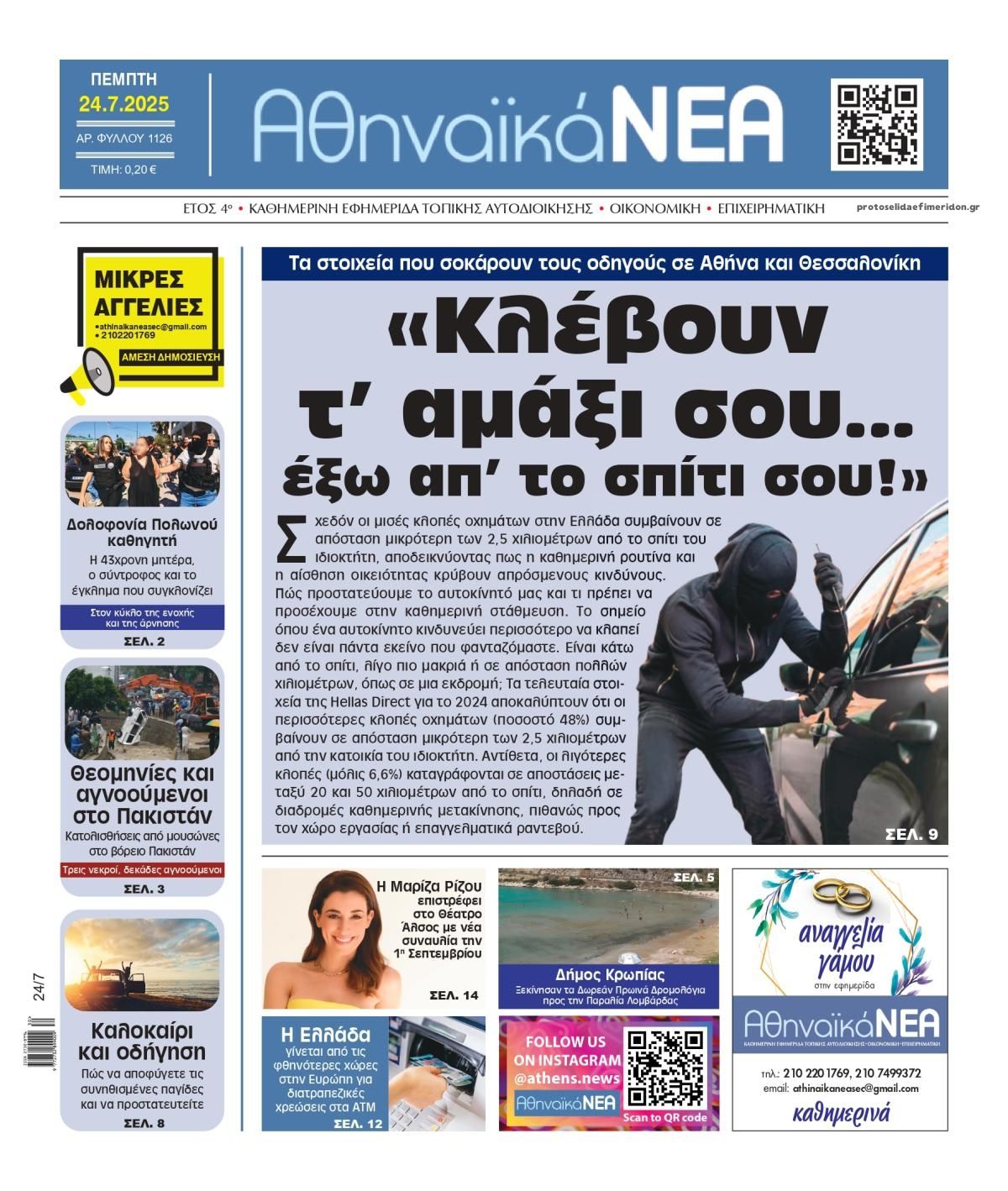 Πρωτοσέλιδο εφημερίδας Αθηναϊκά Νέα