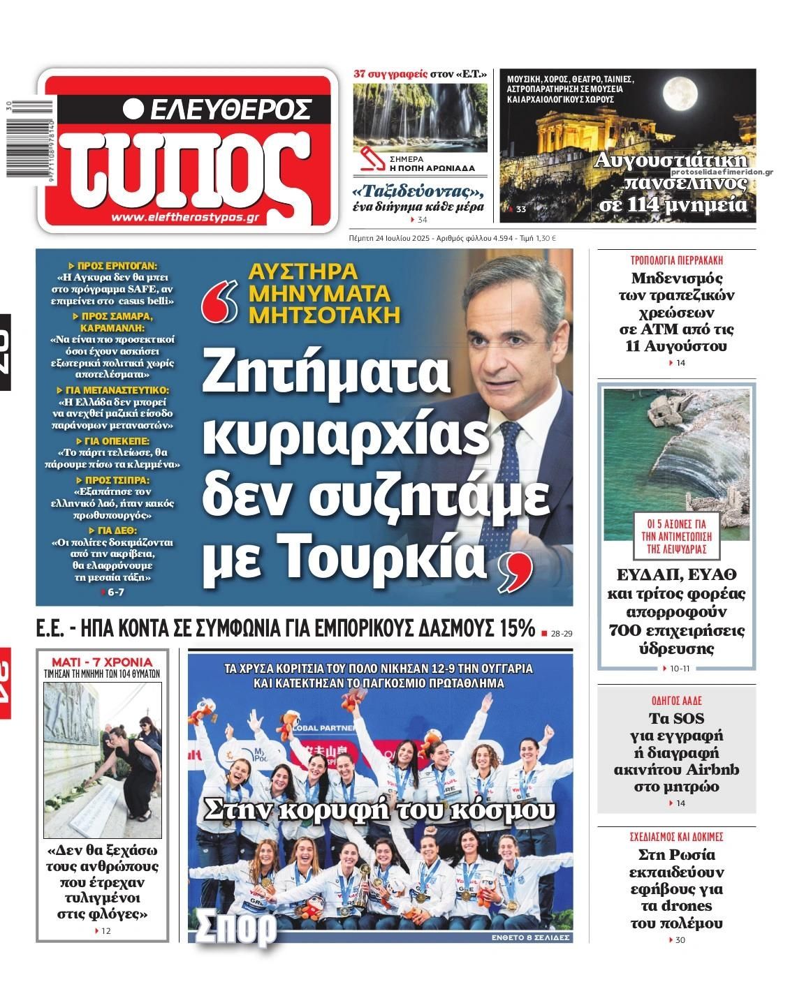Πρωτοσέλιδο εφημερίδας Ελεύθερος Τύπος