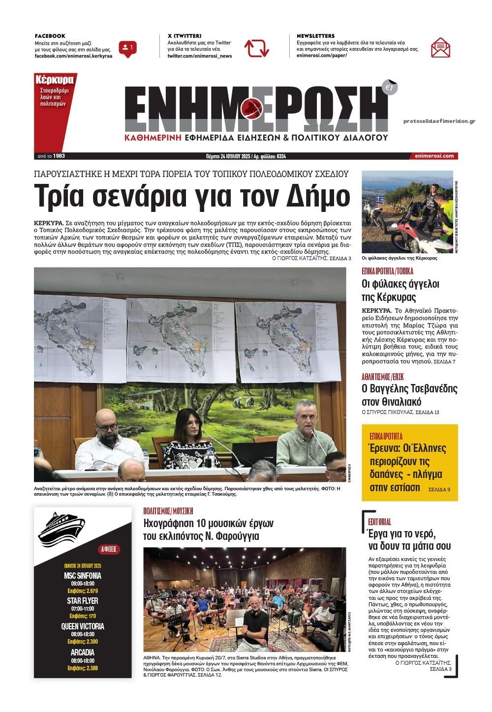 Πρωτοσέλιδο εφημερίδας Ενημέρωση Κέρκυρας