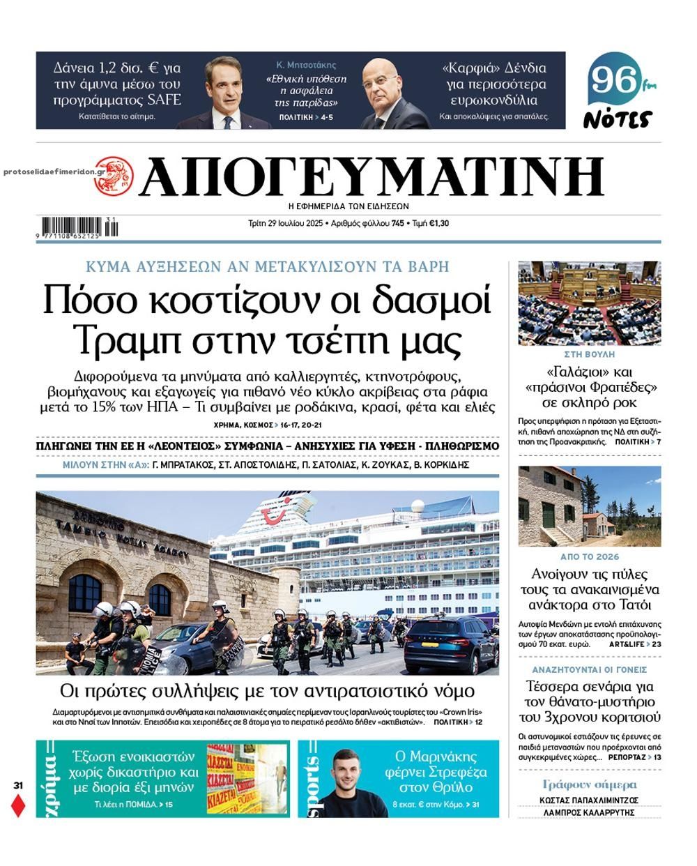 Πρωτοσέλιδο εφημερίδας Απογευματινή