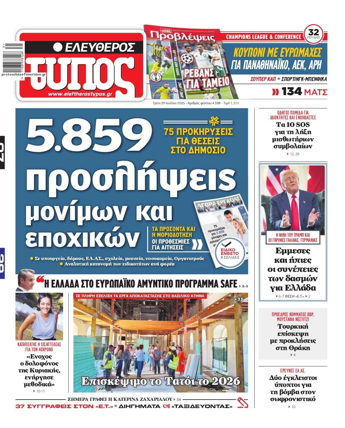 Πρωτοσέλιδο εφημερίδας Ελεύθερος Τύπος